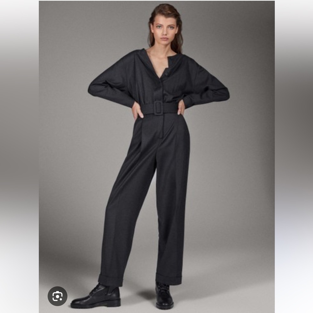 Massimo Dutti Wool Charcoal Long-Sleeve Pant Jumpsuit w/ Pockets